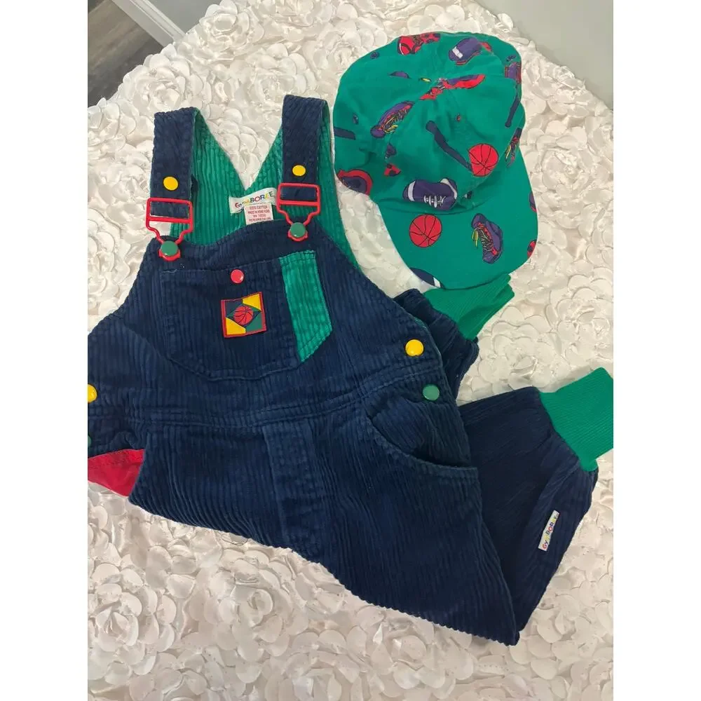 Vtg 90s Gymboree Rainbow Tag Colorblock Corduroy Overalls & Hat Set 18-24M Small